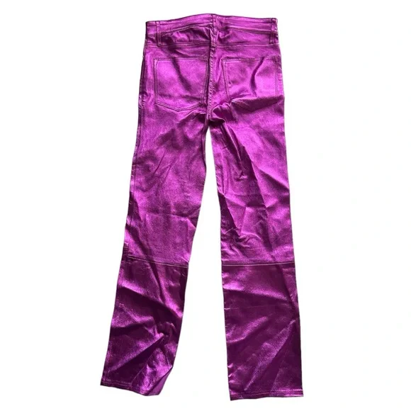 Frame Denim Metallic Pink Magenta Purple Straight Leg Leather Pants 24 XS - Picture 2 of 11